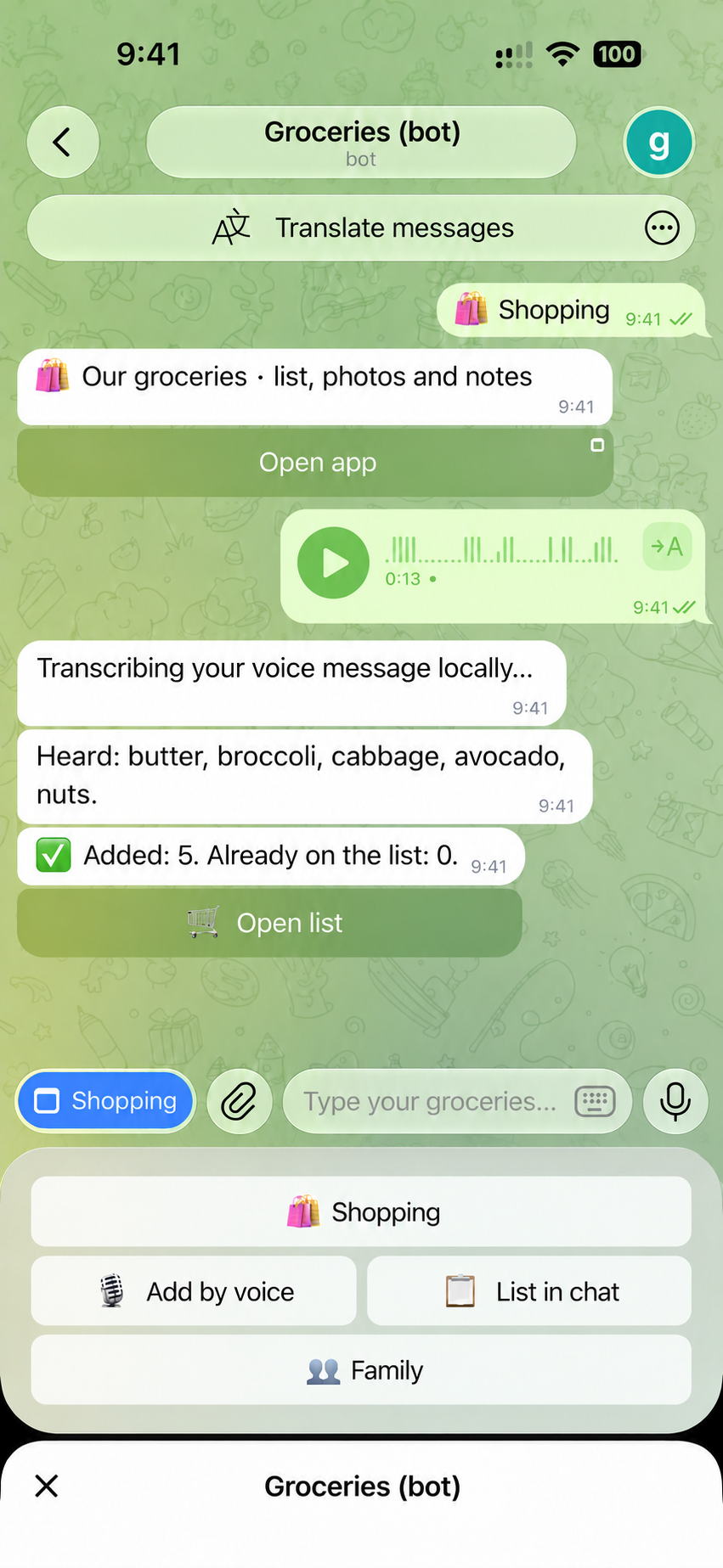 Anonymized Telegram bot conversation showing a voice message, local transcription, and five added items
