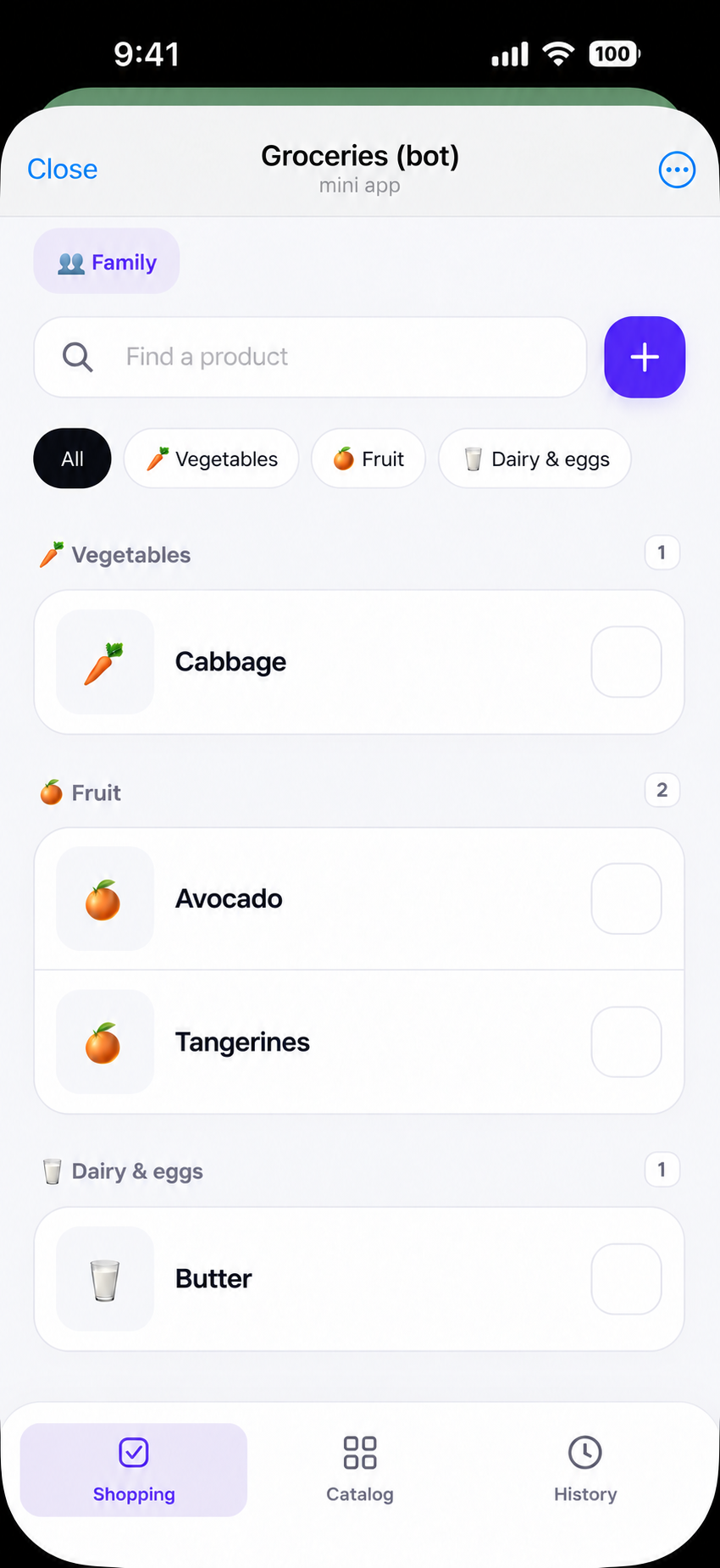 Anonymized Groceries Mini App open inside Telegram, showing a categorized household shopping list